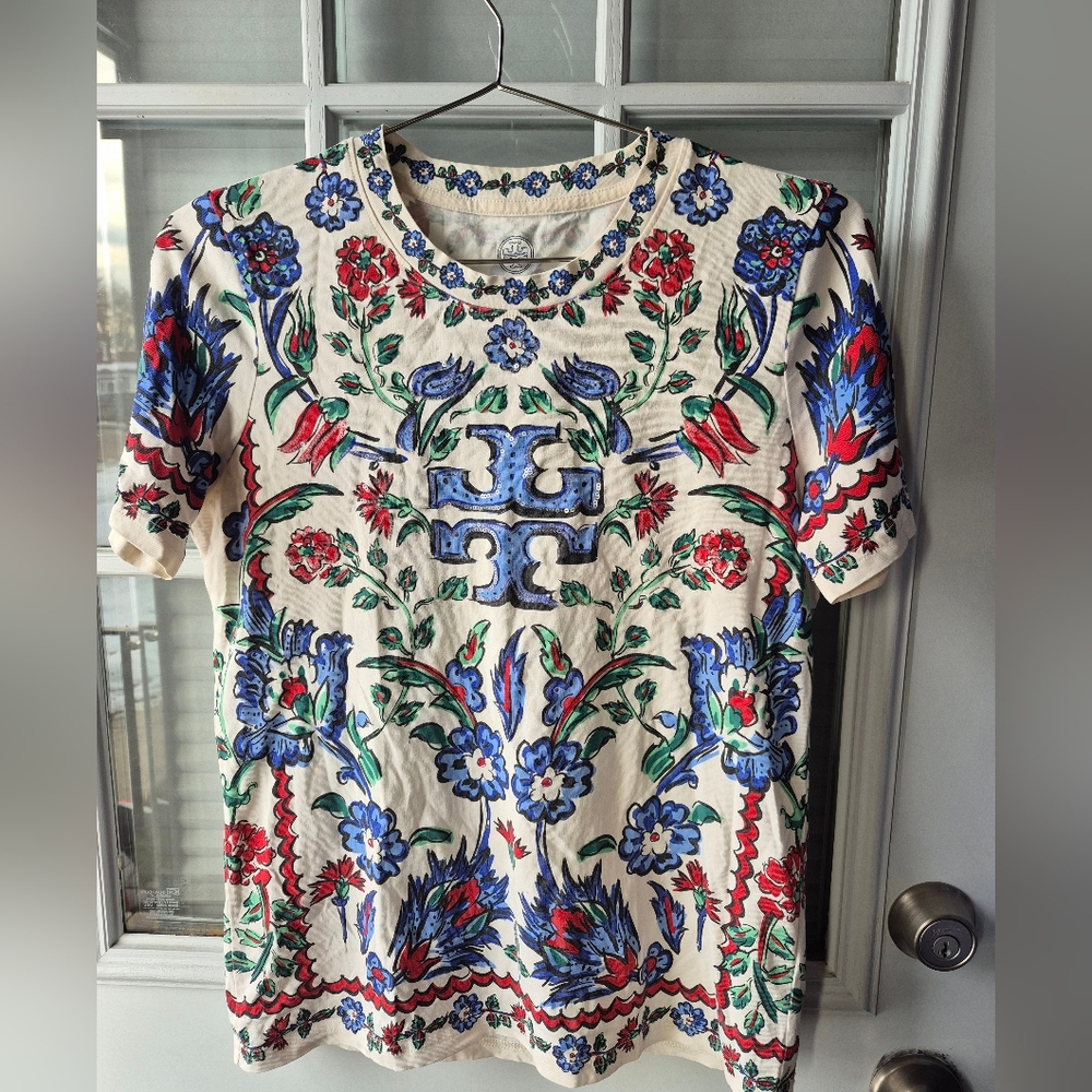 Tory Burch Porcelain Thistle Logo Cotton Graphic Short Sleeve Tee